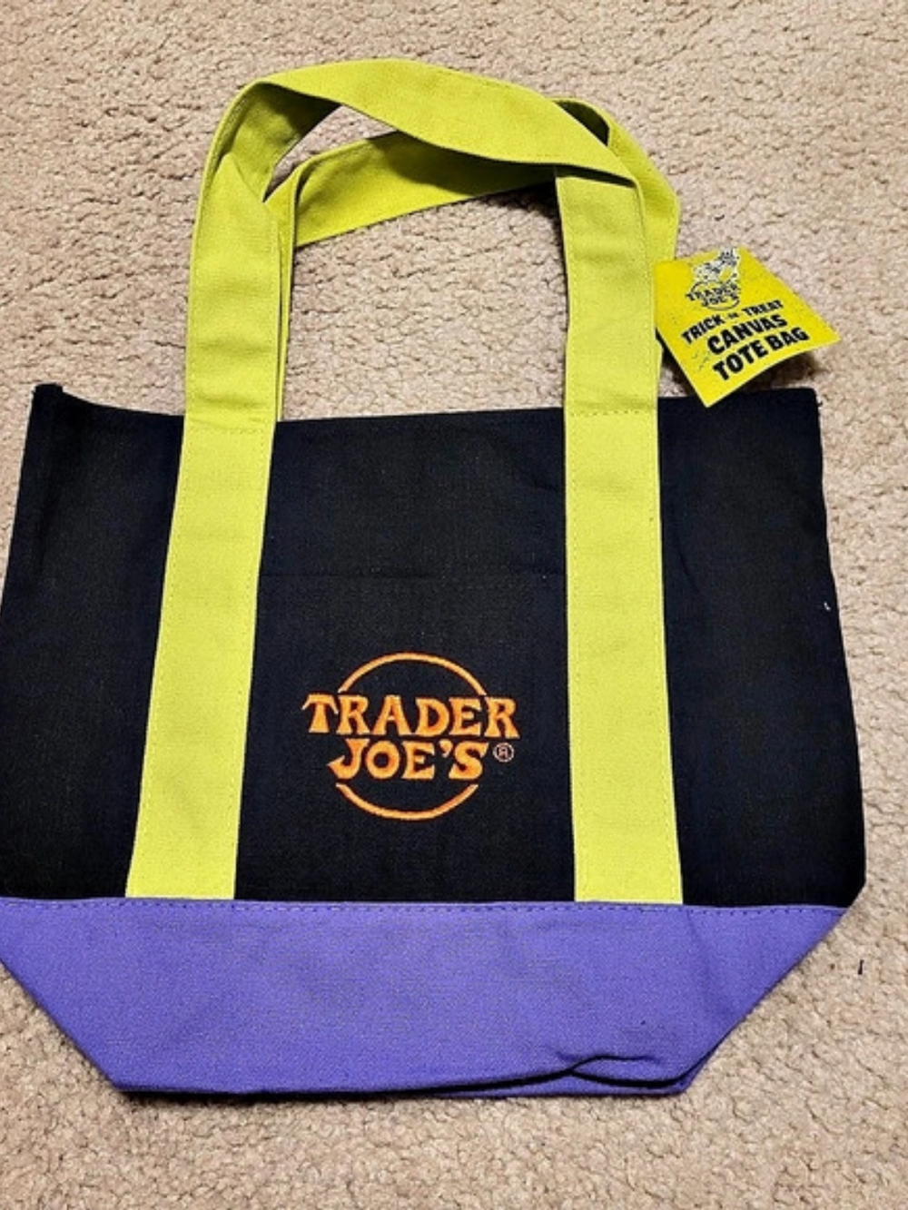 Trader Joe's Trick-or-Treat Mini Canvas Tote Bag Black & Purple